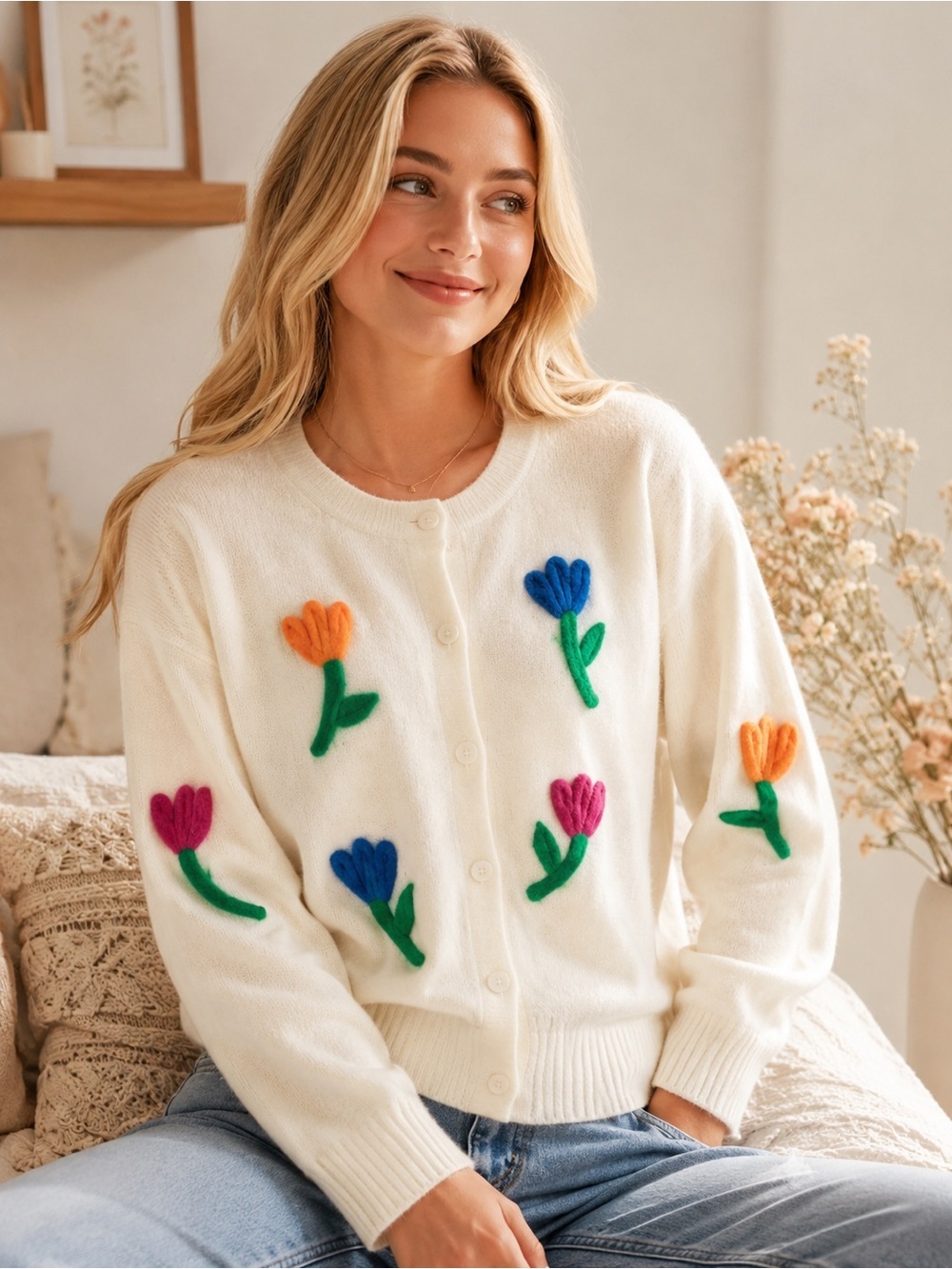 Aaeda Floral Cardigan Sweater Size M White Felt Flower Button Front Cottagecore